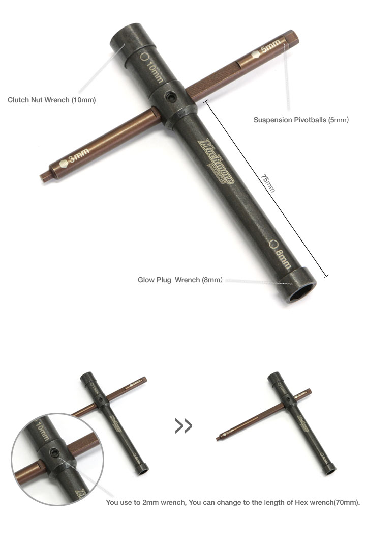 Glow Plug / Clutch Nut Wrench (8mm・10mm Socket + 5mm Hex)
by Muchmore Racing